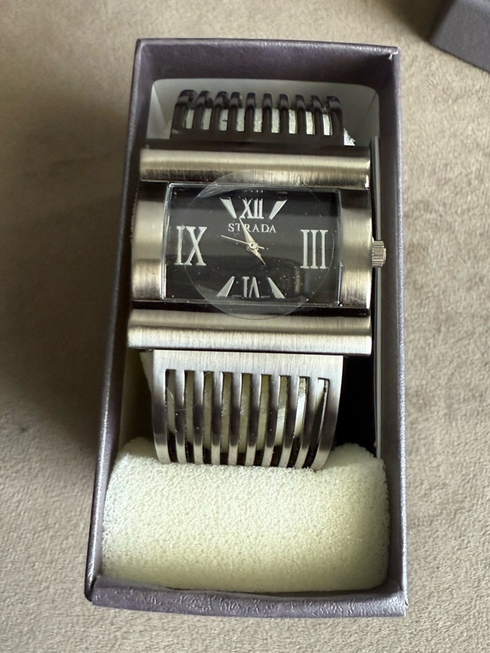 Strada Silver and Black Rectangular Cuff Watch